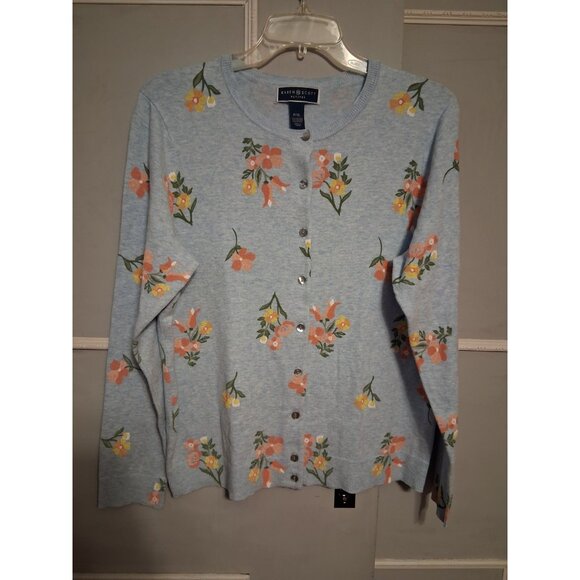 Karen Scott Cardigan Size Petite XL Blue w/Flowers Sweater Button Grannycore - Picture 1 of 10